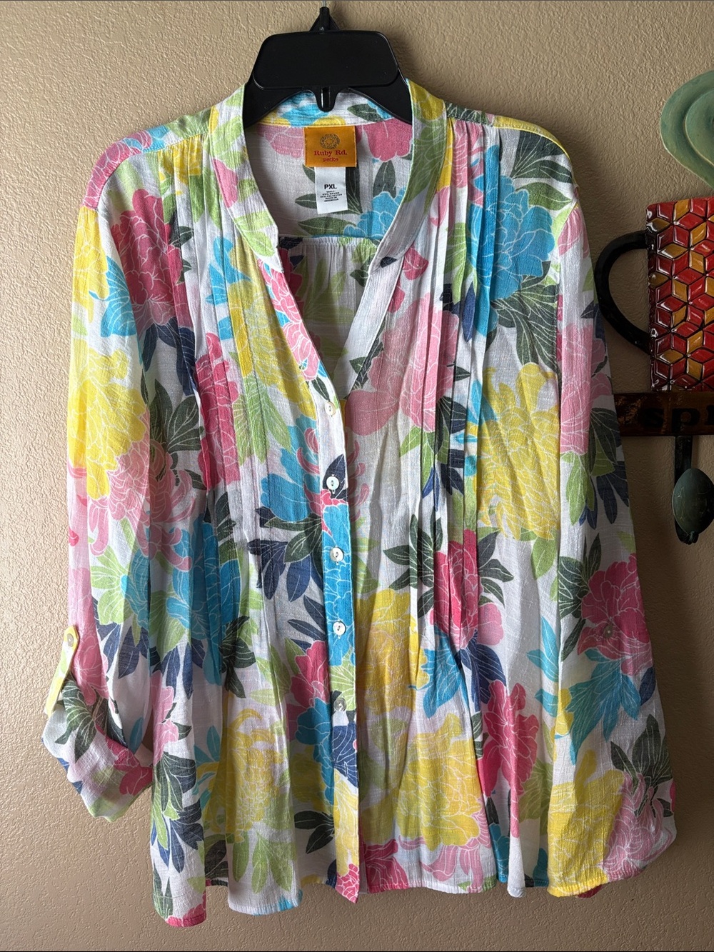 Ruby Rd. Floral Button-Down Shirt in White, Pink, Blue, Yellow